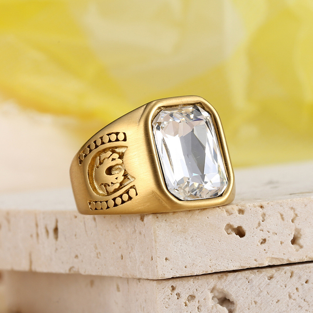 Men’s Square Stone Signet Ring Stainless Steel Wedding Band Statement Biker