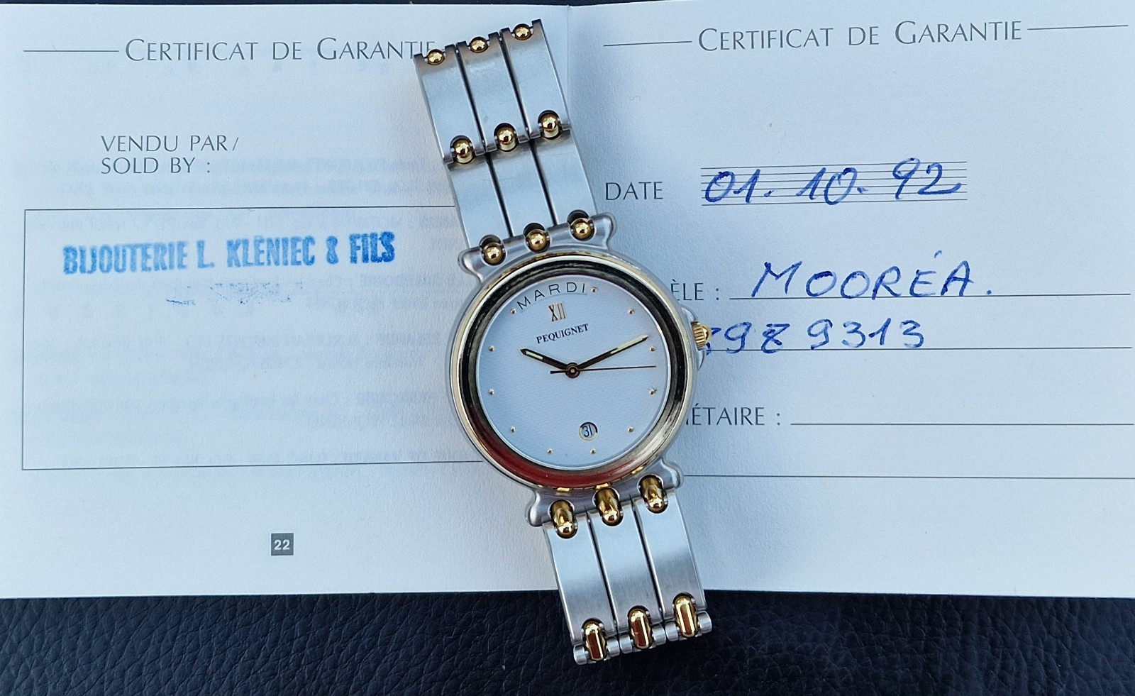 Gents EMILE PEQUIGNET Morea Date & Day Quartz watch, Box and papers, 33mm.