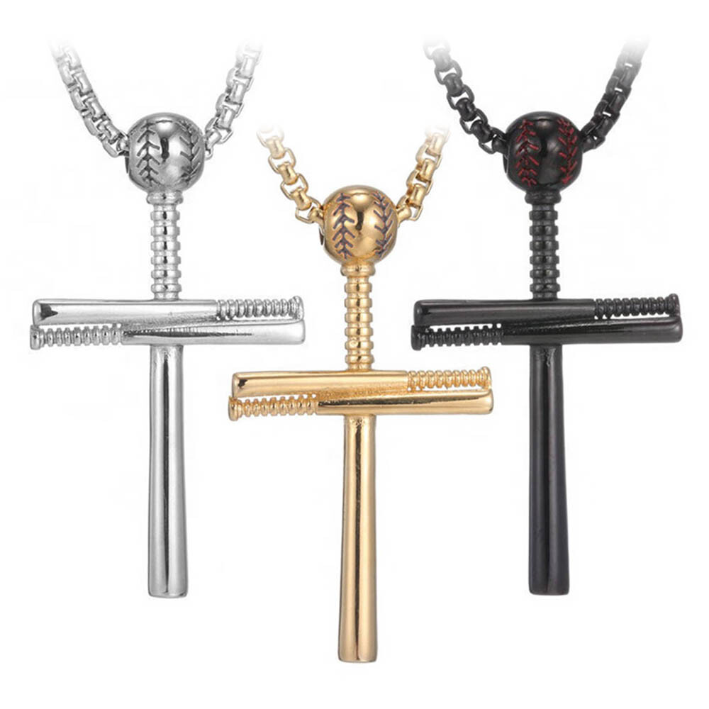 Baseball Bat Sports Cross Pendant Necklace Stainless Steel Black Silver Gold 24″