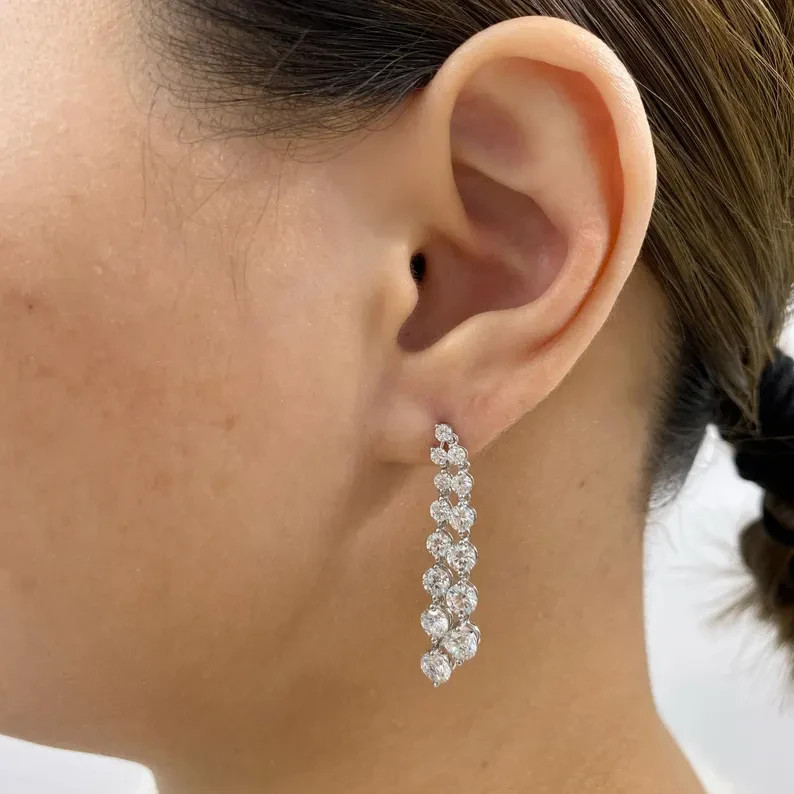 Round Cut Lab Grown Diamond For Engagement Gift Drop Earrings 14k White Gold