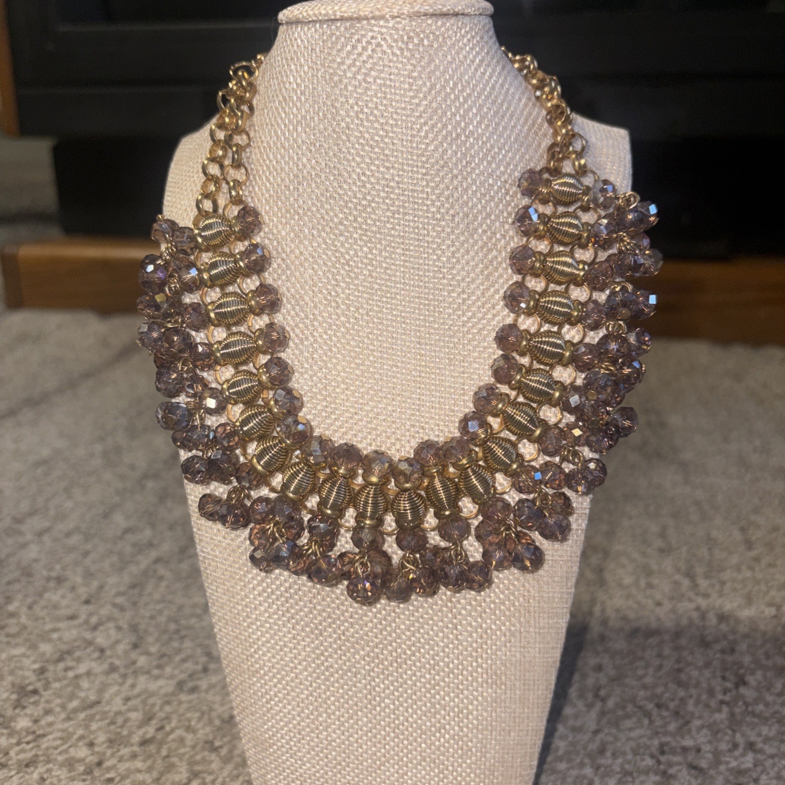 Goldtone AB Gold Lavender Crystal Beaded Etruscan Look Wide Statement Necklace