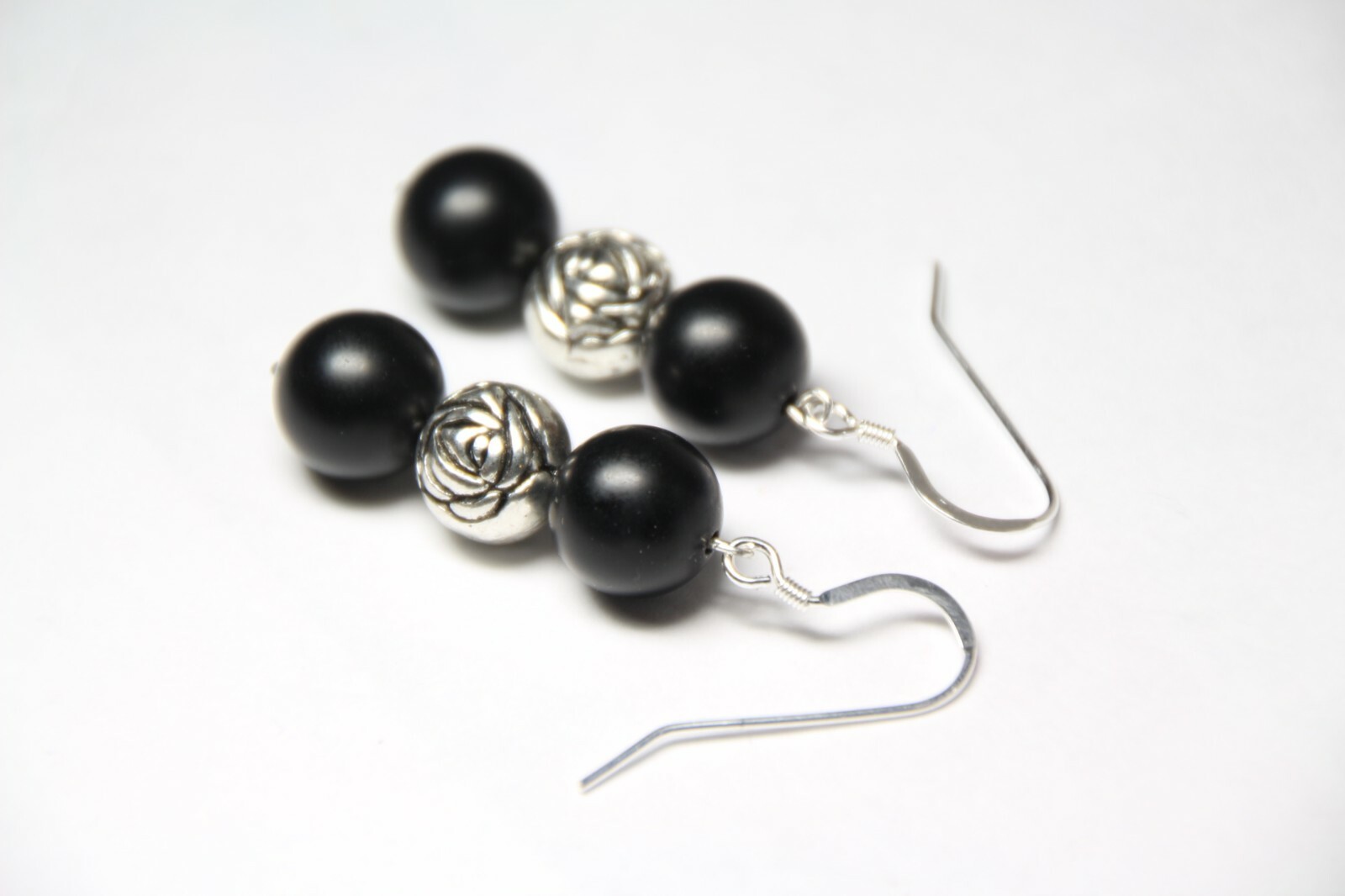 Graphite Earrings Black 10mm Ball Natural Gemstone 925 Sterling Silver 2″ Rose