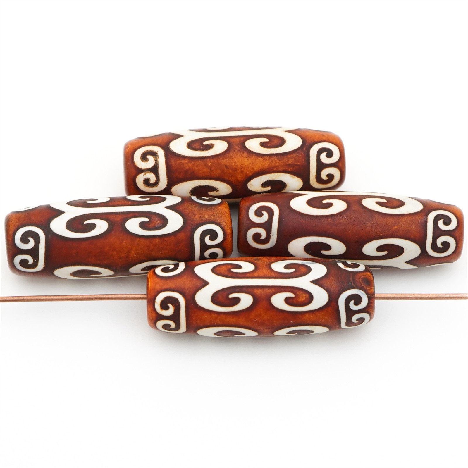 4 long oval Tibetan agate beads white spiral designs brown stone avg 30mm 29mm