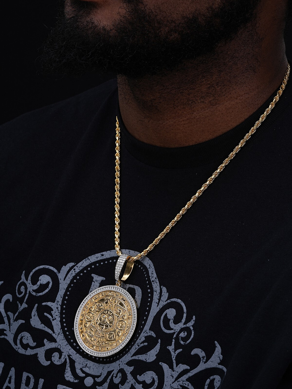 HUGE Moissanite Aztec Calendar Mayan Sun God Iced 925 Silver Pendant Necklace