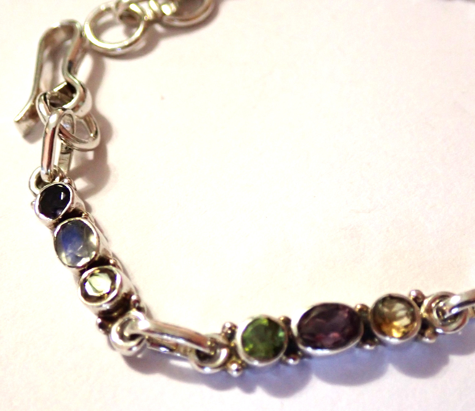 Multi-Stone Bracelet Peridot Amethyst Garnet Sterling Silver Hook 7.75″ 11.7g