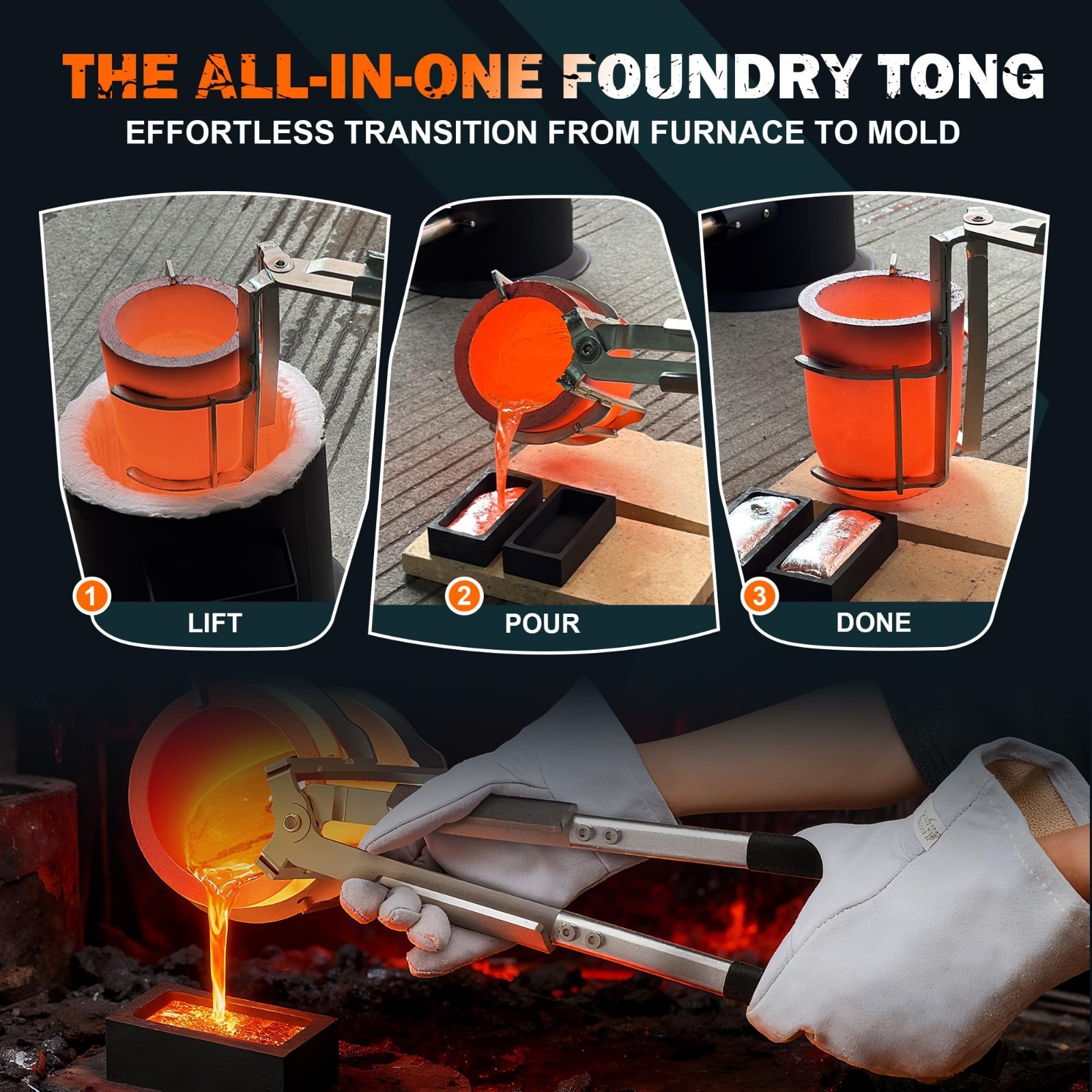 10kg Crucible Tongs Set for Metal Melting & Pouring, Graphite Mold & Gloves, Cas