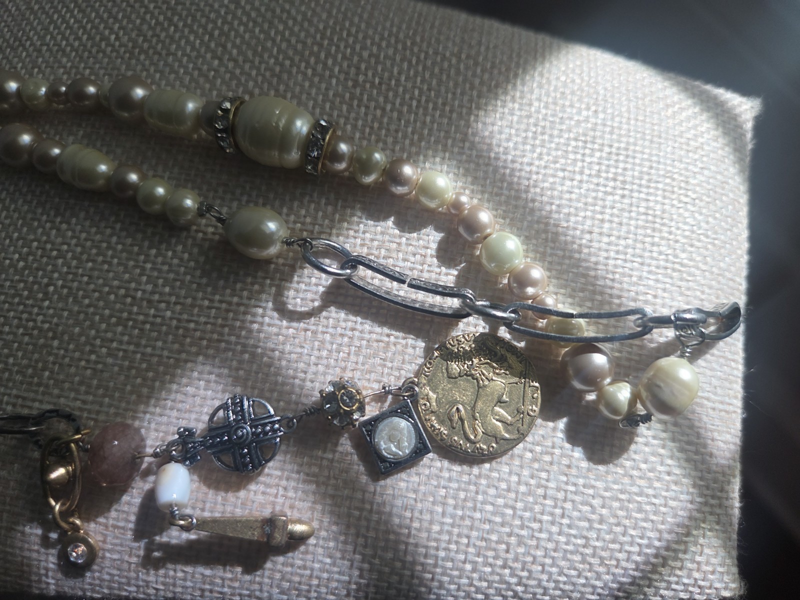 Cabi #2147 Treasure Necklace Mixed Media Pearls Charms Gold Silver Boho Chic