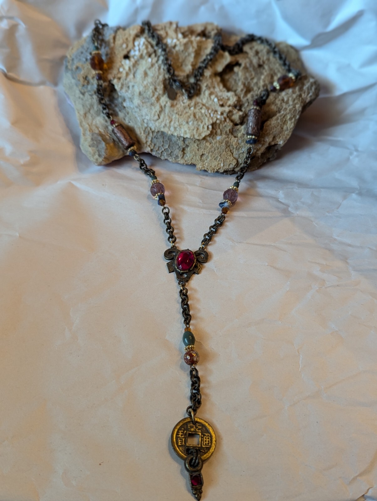 Vintage Robert Rose Necklace 28″ With A 5 1/2″ Drop Pendant Rhinestones And Bead