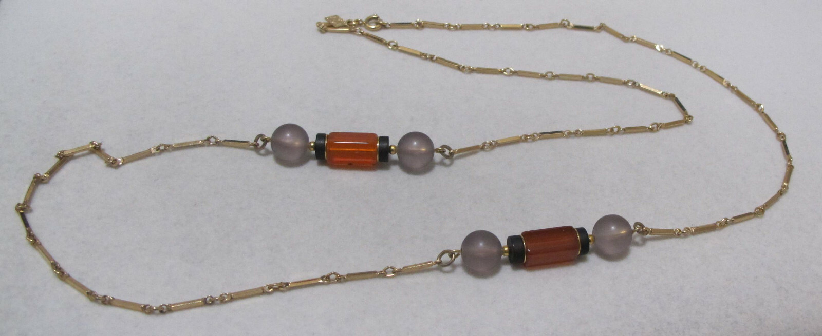 Vtg 1978 SARAH COV “Monterey” 35” Gold Tone Orange Grey Black Station Necklace