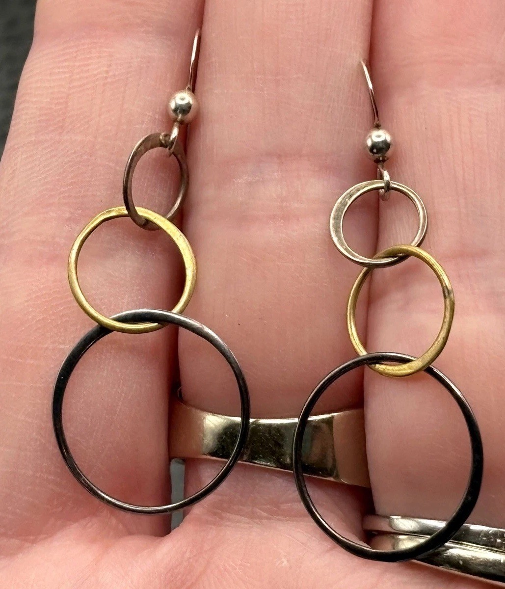 Sterling Silver Mixed Metal Try Color Interlocking Circle Dangle Drop Earrings
