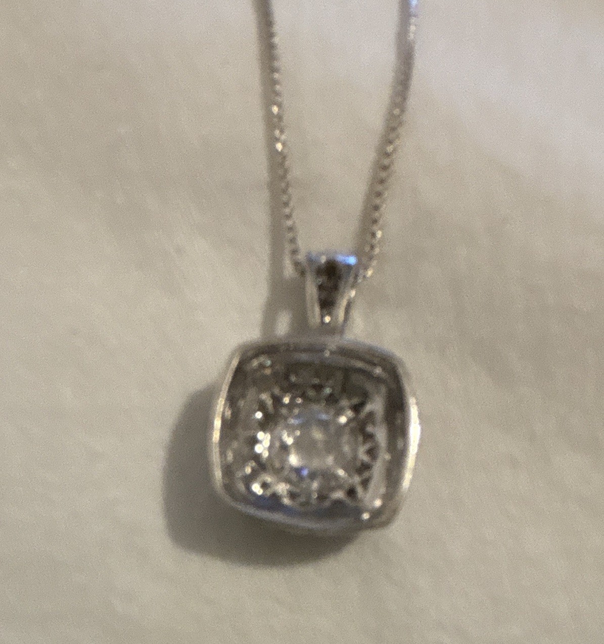 Silver Tone Box Chain Necklace with Square Bezel Cushion CZ Pendant, Marcasite