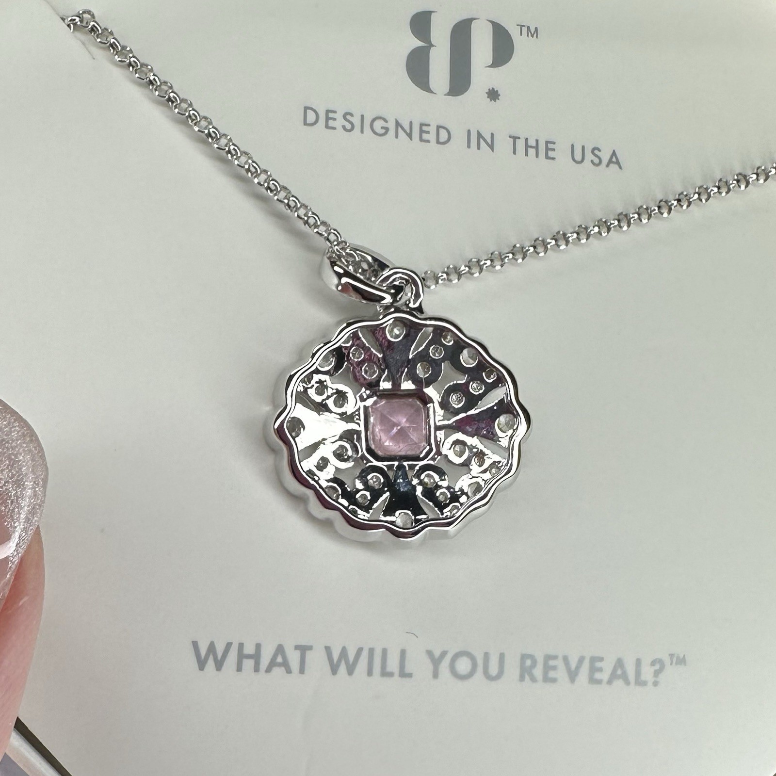Bomb Party Necklace- 5716- Simulated Pink CZ- Rhodium Plated