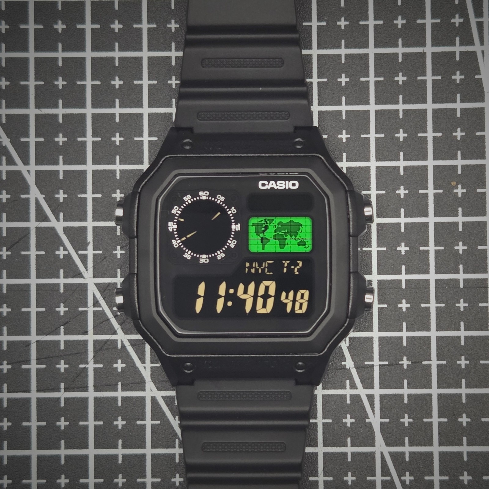 CASIO AE-1200WHD. Royale World Time Watch Mod. Green, Negative Display, Hydromod