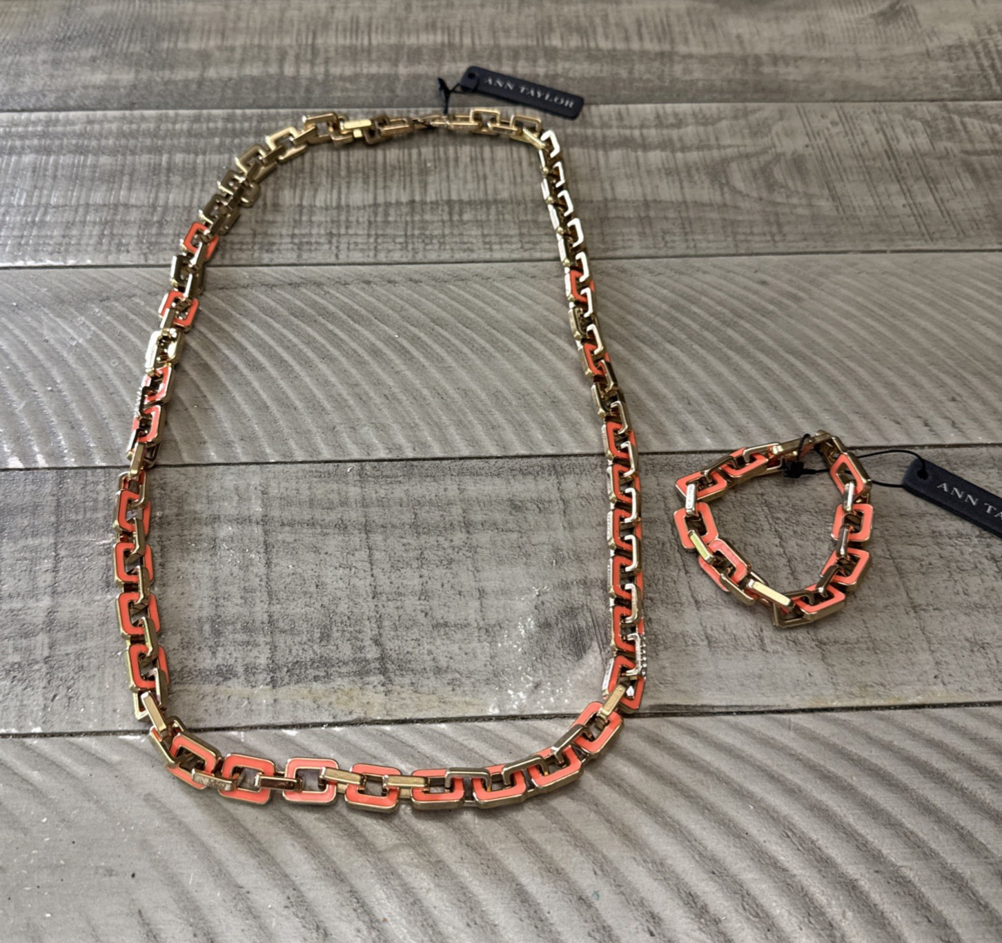 Ann Taylor Coral Enamel Link Necklace & Bracelet Set