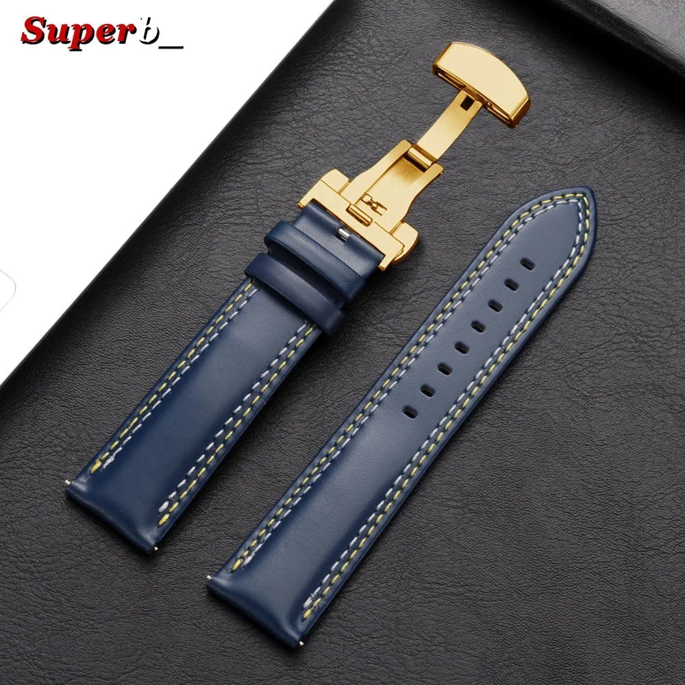 Genuine Calfskin Leather Watch Band 20mm 22mm 24mm Butterfly Buckle Strap