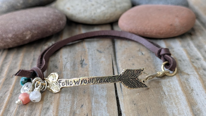 GOLD BRONZE ARROW FOLLOW YOUR HEART BRACELET, ARTISAN HEART THEME JEWELRY