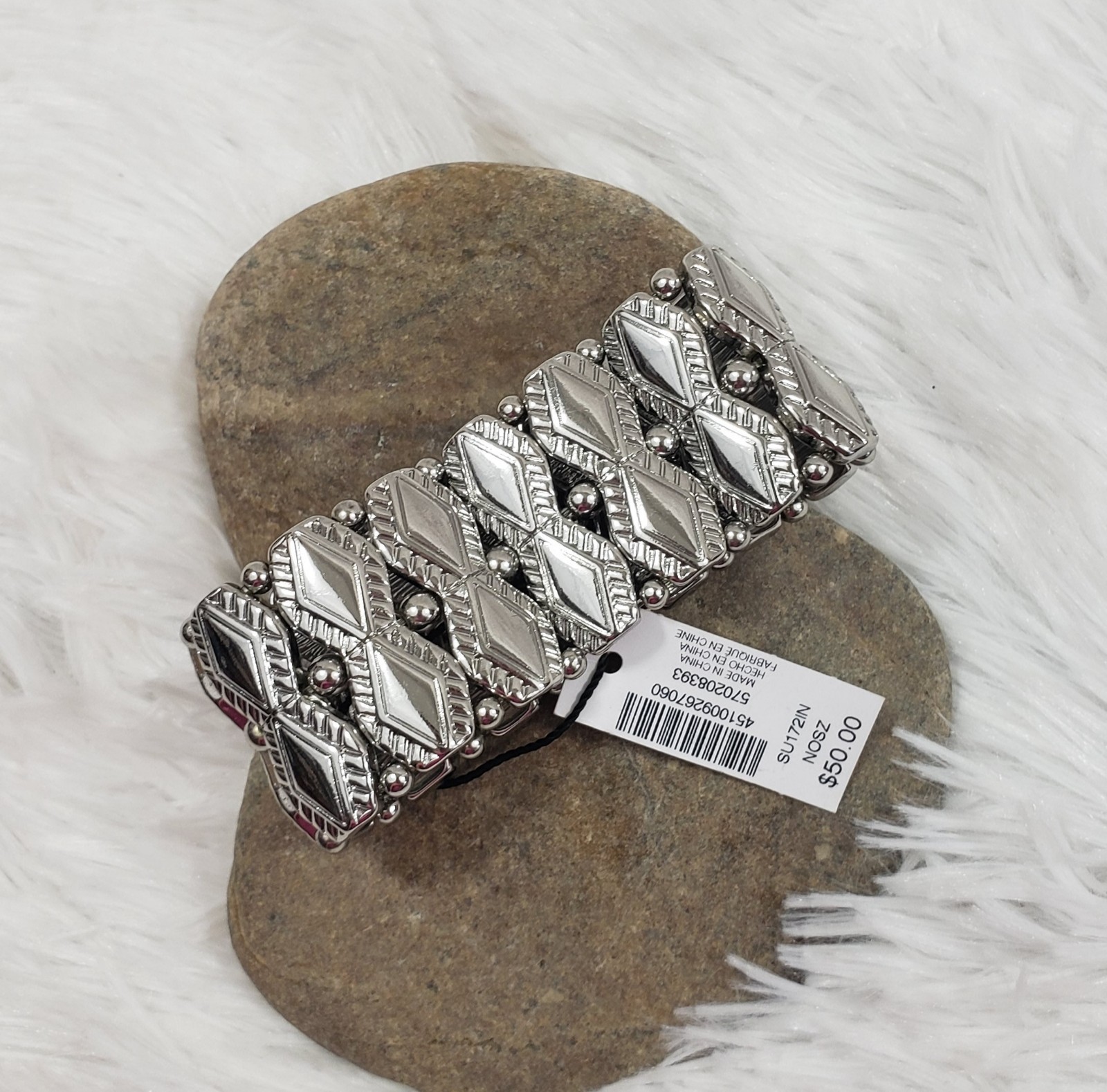 White House Black Market Silver Tone Stretch Cuff Boho Bracelet Southwest $50