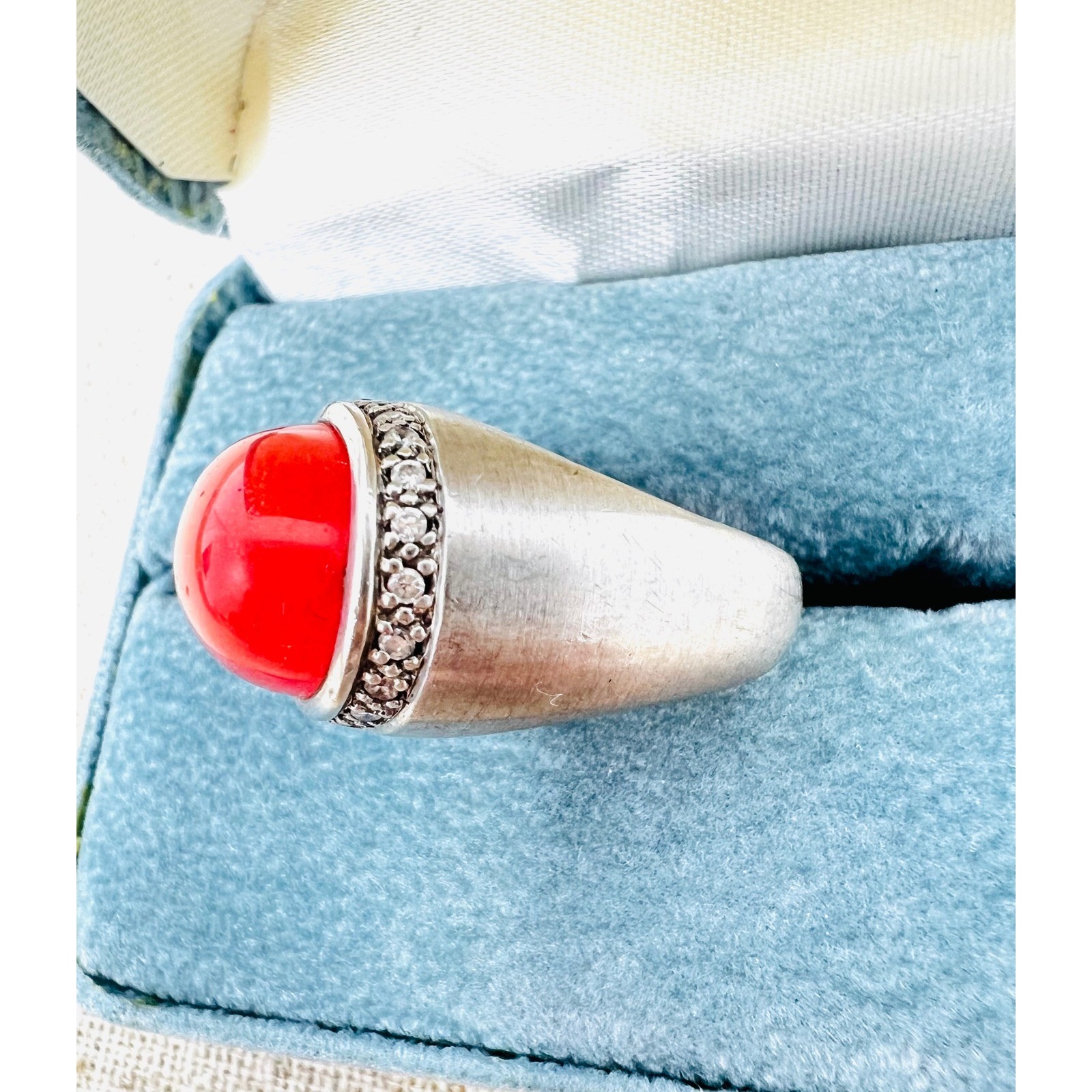 Sterling Silver Coral Colored Cabochon Crystal Halo Statement Ring Size 8