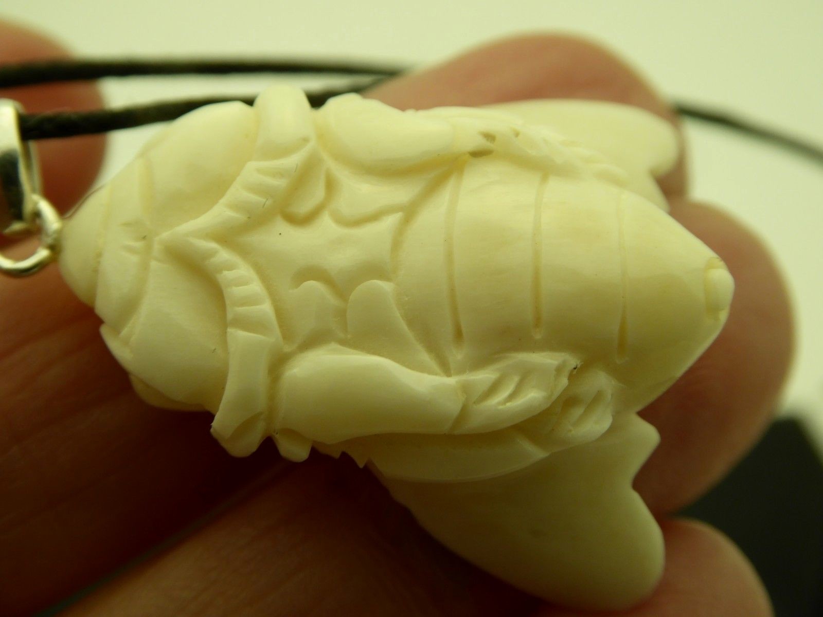 Carved Honey Bee Water Buffalo Bubalus Bubalis Bone Sterling 925 Amulet Necklace