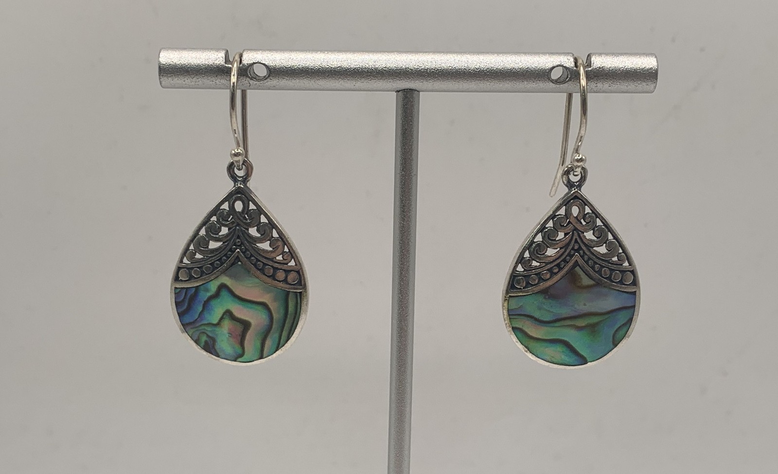 Sterling Silver 925 Abalone Shell Filigree Teardrop Dangle Earrings 5.4g