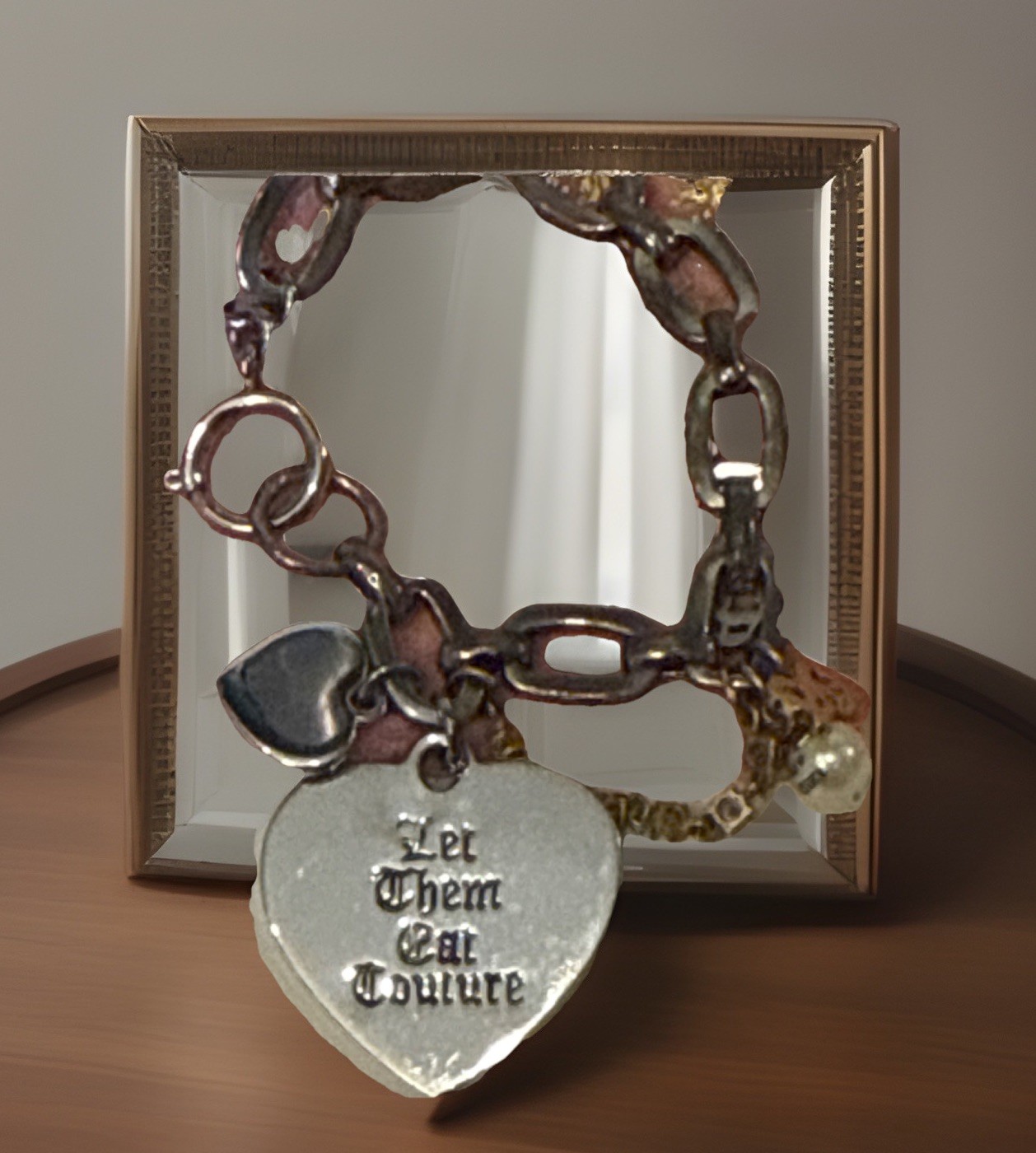 Y2K Juicy Couture LET THEM EAT COUTURE Pearl Heart Charm Bracelet Silver Tone