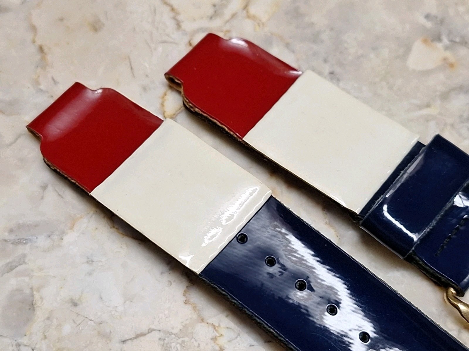 Vintage Tri-color Red White Blue Vinyl on Leather Watch Band Strap 12.3 mm
