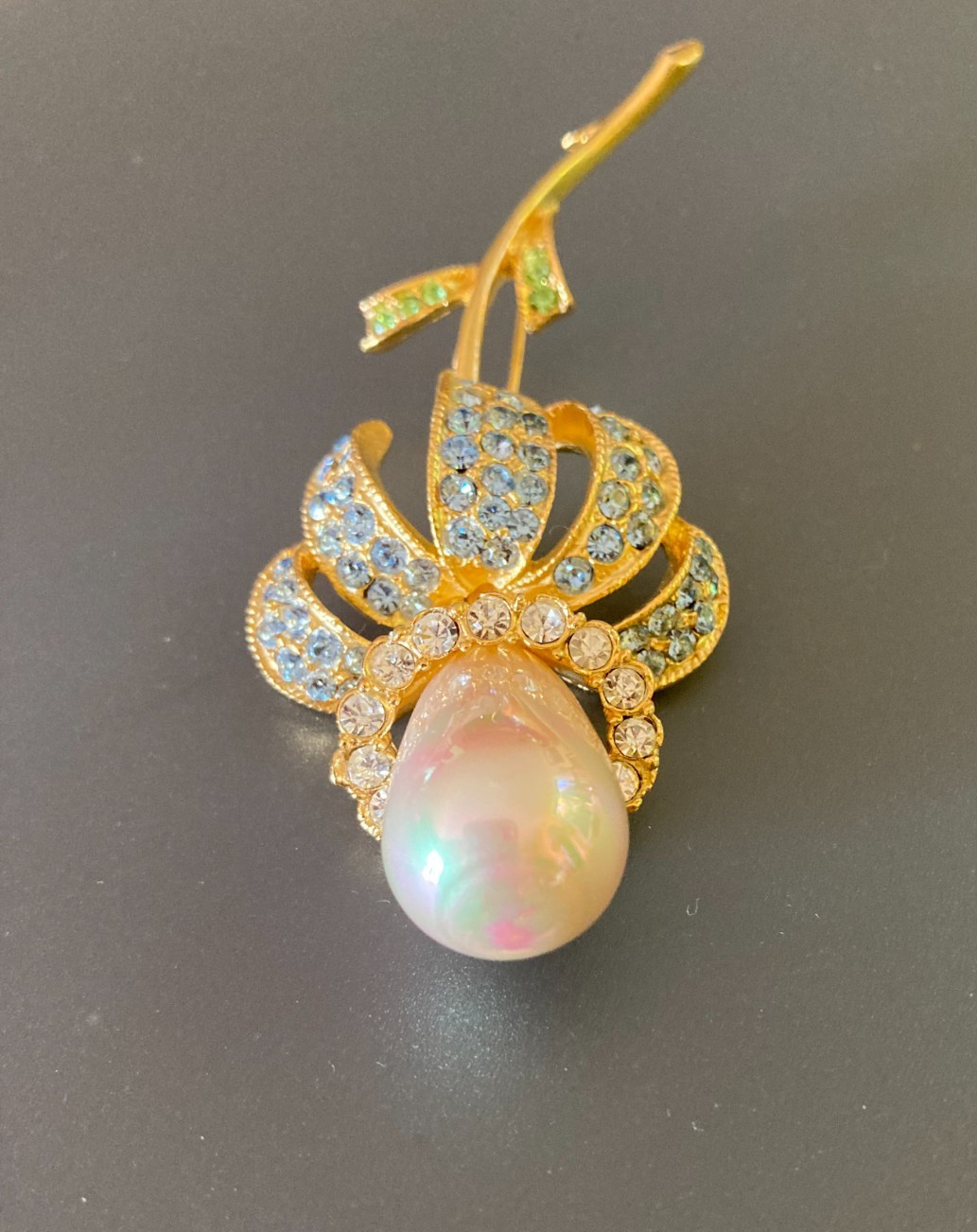 Vintage Ivana Trump Iris Flower Iridescent Faux Pearl Rhinestone GoldTone Brooch