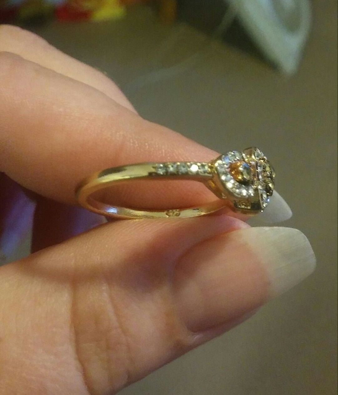 18k Rose Gold Over Sterling Silver Cognac + White Gemstone Heart Love Ring sz 9