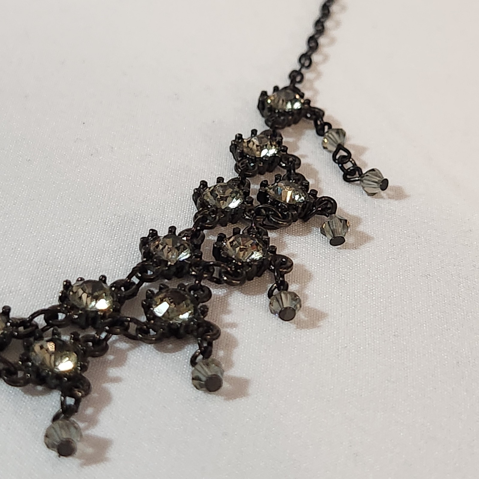Austrian Crystal Necklace Gunmetal Cascade Bib Clear Rhinestones Dangling Signed