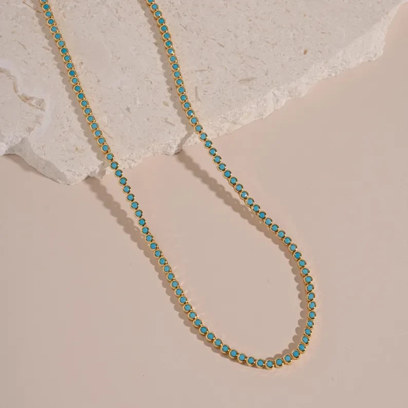 15TCW Round Cut Lab Created Turquoise Bezel Tennis Necklace 925 Sterling Silver
