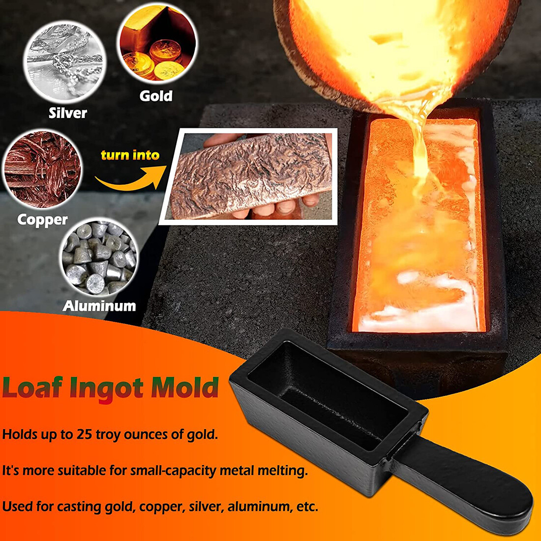 25 oz Cast Iron Loaf Bar Ingot Mold Lead Handle Melting Gold Silver Copper Scrap