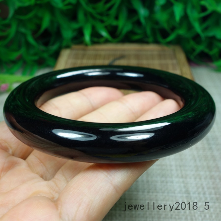 Certified Black Green Burma 100% Natural A Jadeite jade Bracelet 墨翠 圆条玉手镯 58.9mm