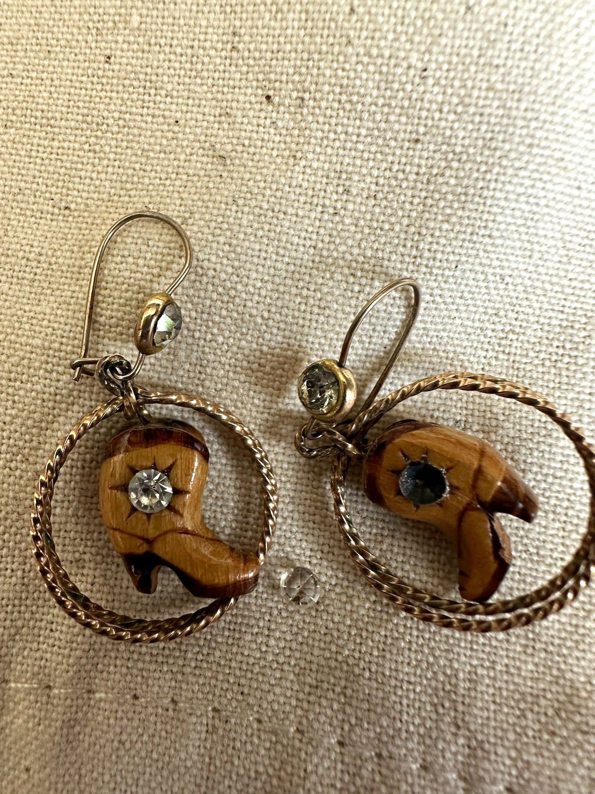 Gold Tone Hoop Dangle Earrings Brown Wood Charm Clear Round Crystal Hook Pair