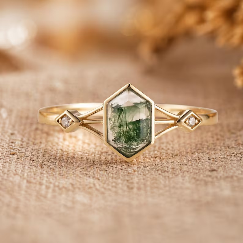 Green Moss Agate Ring, Base Metal: Brass Finish: Gold Plated