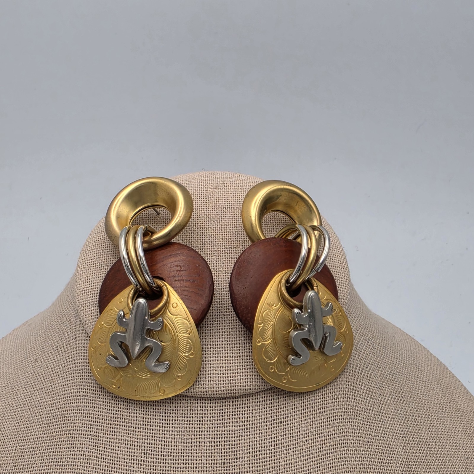 Boho Frog Earrings Mixed Media Statement Drop Gold Silver Tone Pierced 1 1/8″
