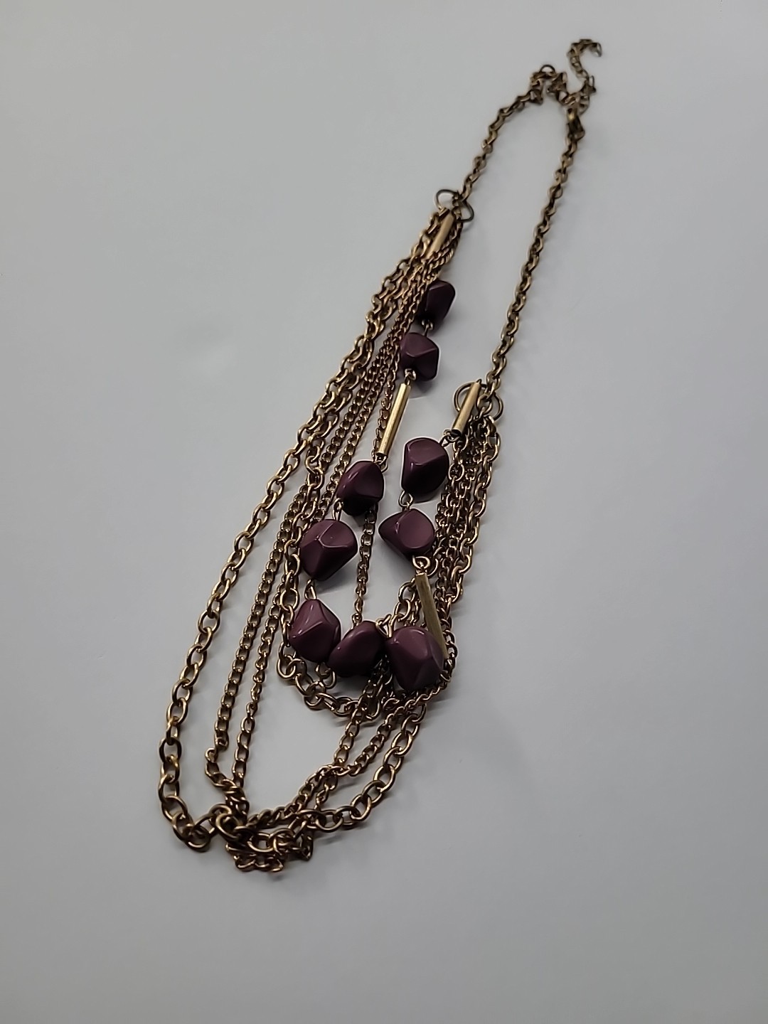 Vintage Necklace Multi Strand Chain Beaded Purple Bar Jewelry Costume