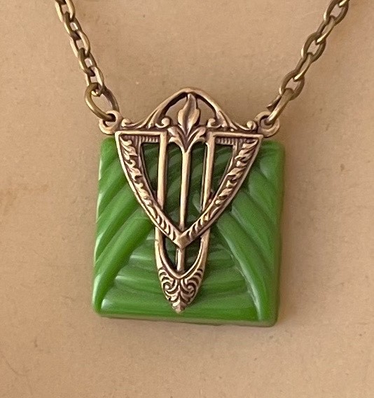 Vintage Necklace Art Deco Brass Antique Carved Green Czech Glass Pendant