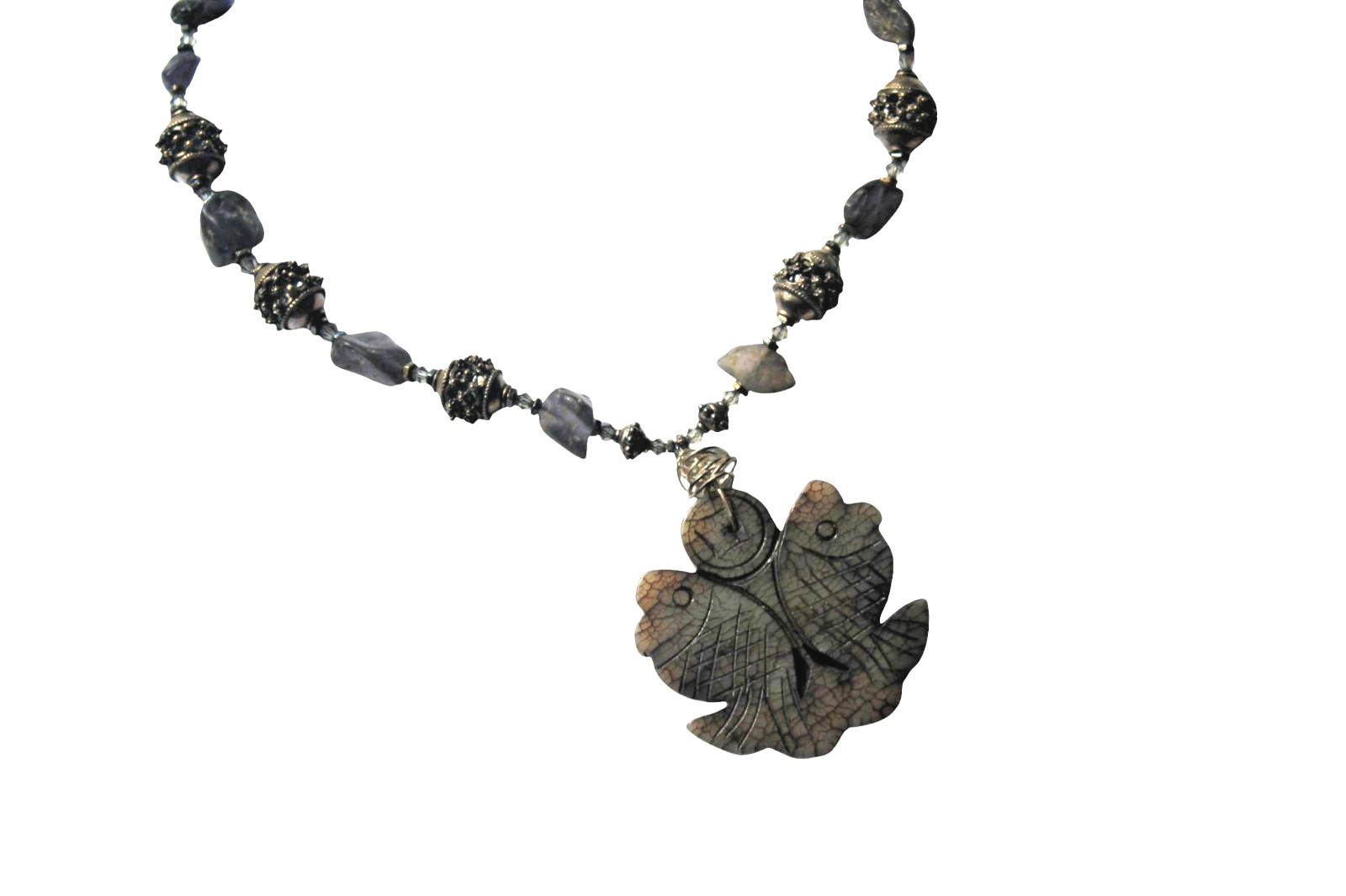 Silver Tone Carved Stone Fish Necklace Open Work Beaded Unique Koi Pisces Asian