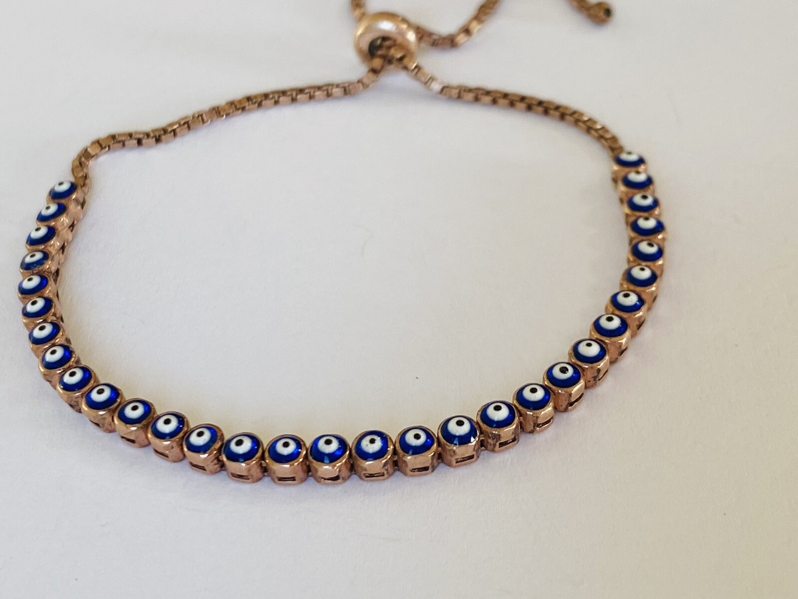 925 Sterling Silver Rose Gold Color Vermeil Evil eye Link Chain Bolo Bracelet