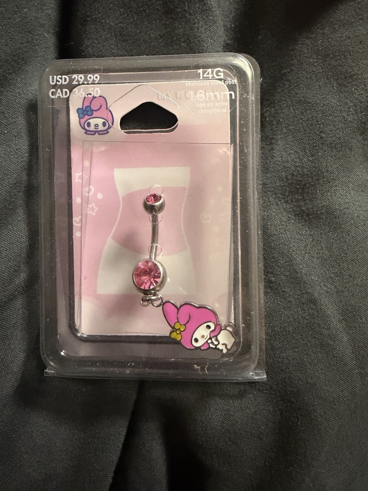 My Melody® Stainless Steel Pink Crystal Belly Bar Charm, NEW