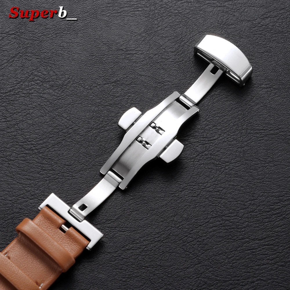 Genuine Calfskin Leather Watch Band 20mm 22mm 24mm Butterfly Buckle Strap