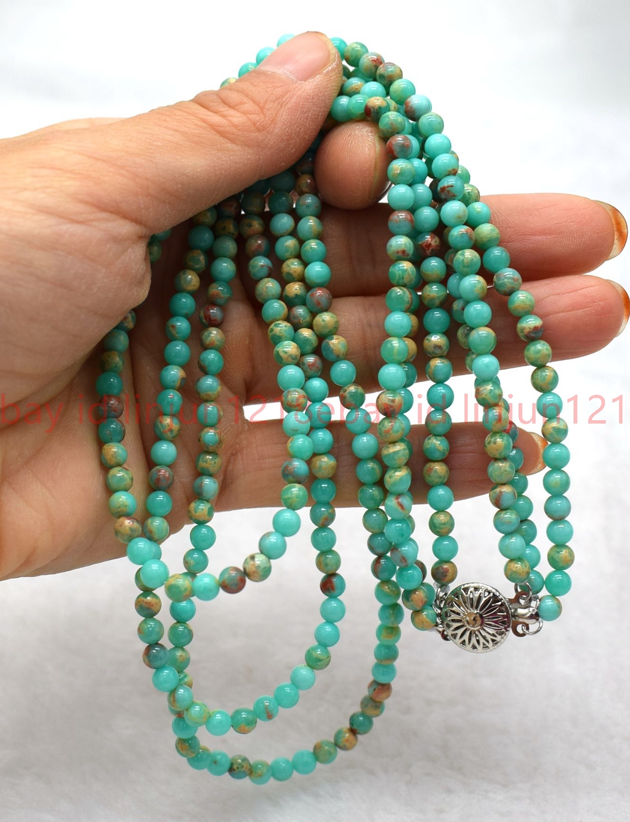 Natural 3 Rows 4mm Multicolor Shoushan Jasper Gems Round Beads Necklace 17-19in