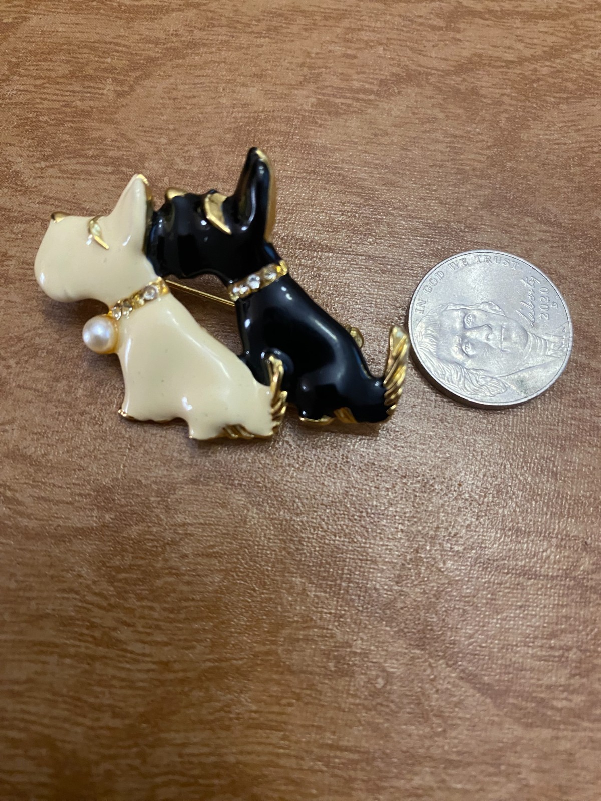 Two Black White Enamel Scottish Terrier Dog Gold Tone Rhinestone Brooch Pin