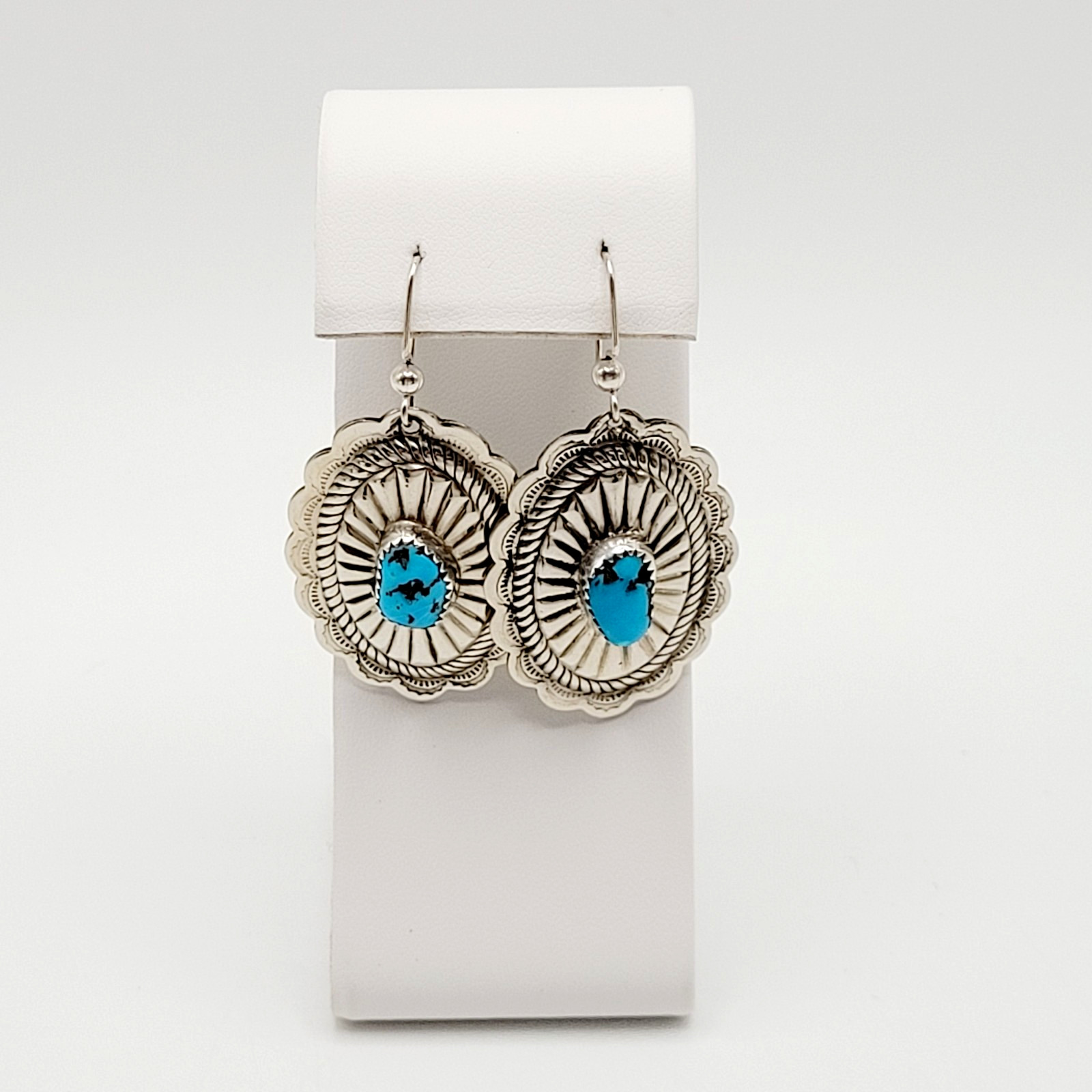 Southwestern Style Silver Tone Turquoise Concho Dangle Pierced Hook Earrings