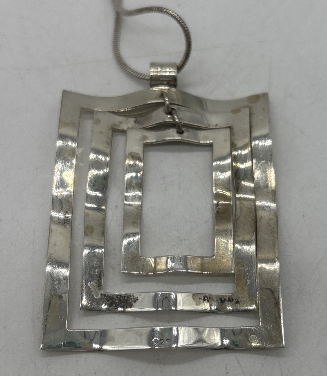 Vintage Sterling Silver Wavy Nesting Rectangle Pendant On 18” Snake Chain 14.9 G
