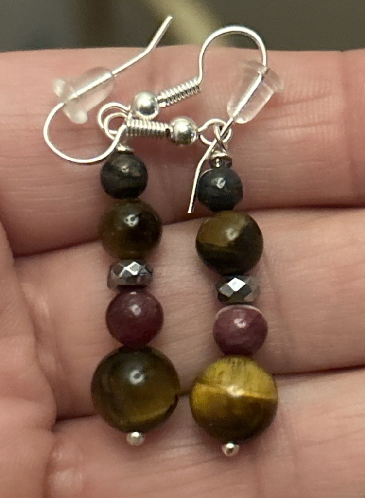 Sterling silver overlay brass brown tiger eye hematite dangle earrings