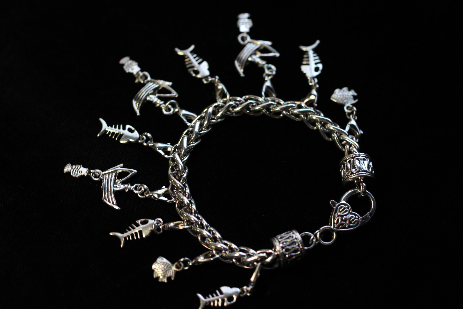 Fishing Theme Charm Bracelet Silver Pewter Charms 8″ Interchangeable Fisherman