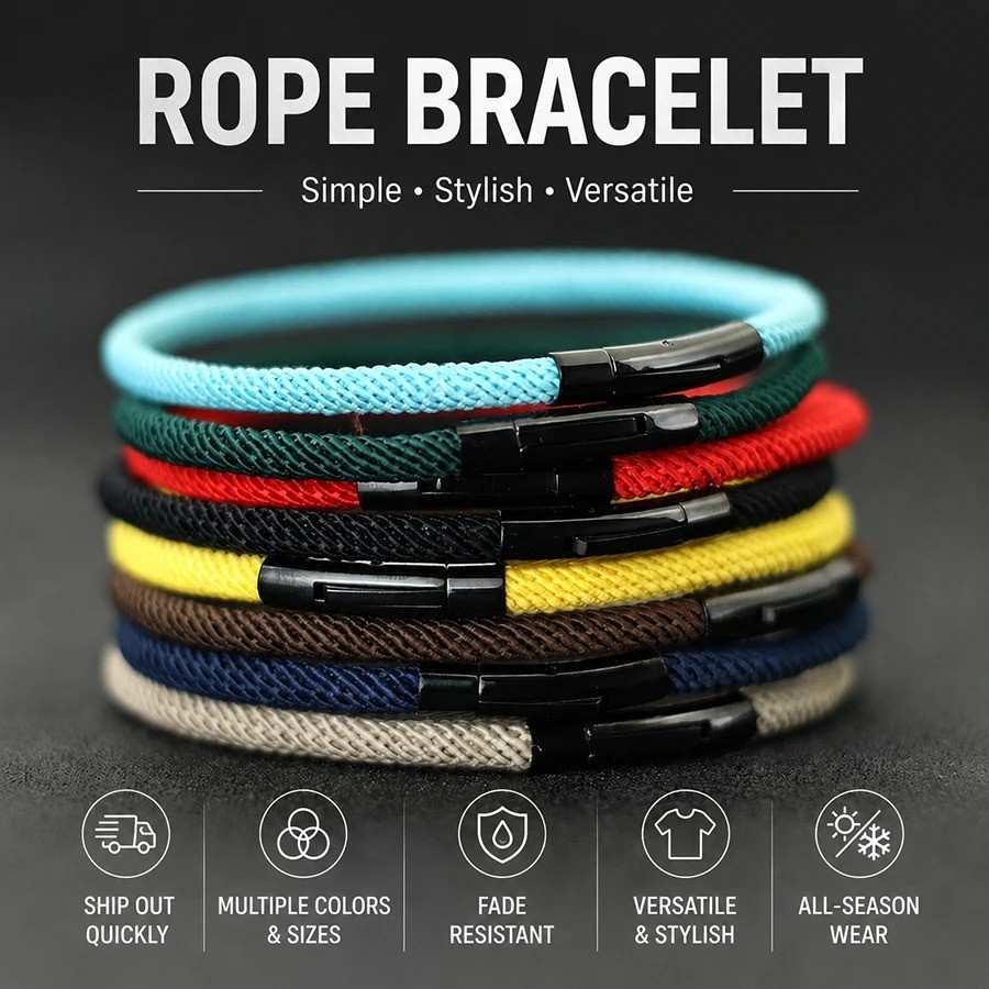 Mens Braided Rope Bracelet Stainless Steel Clasp Minimalist Adjustable 4mm Cord