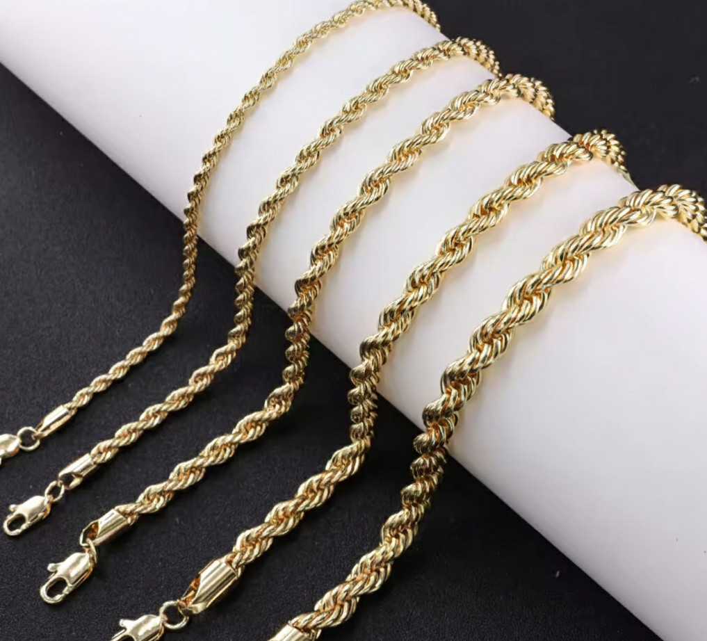 14K Gold GP, Rope Chain Solid Necklace 18-24in Mens Womens Boys Girls