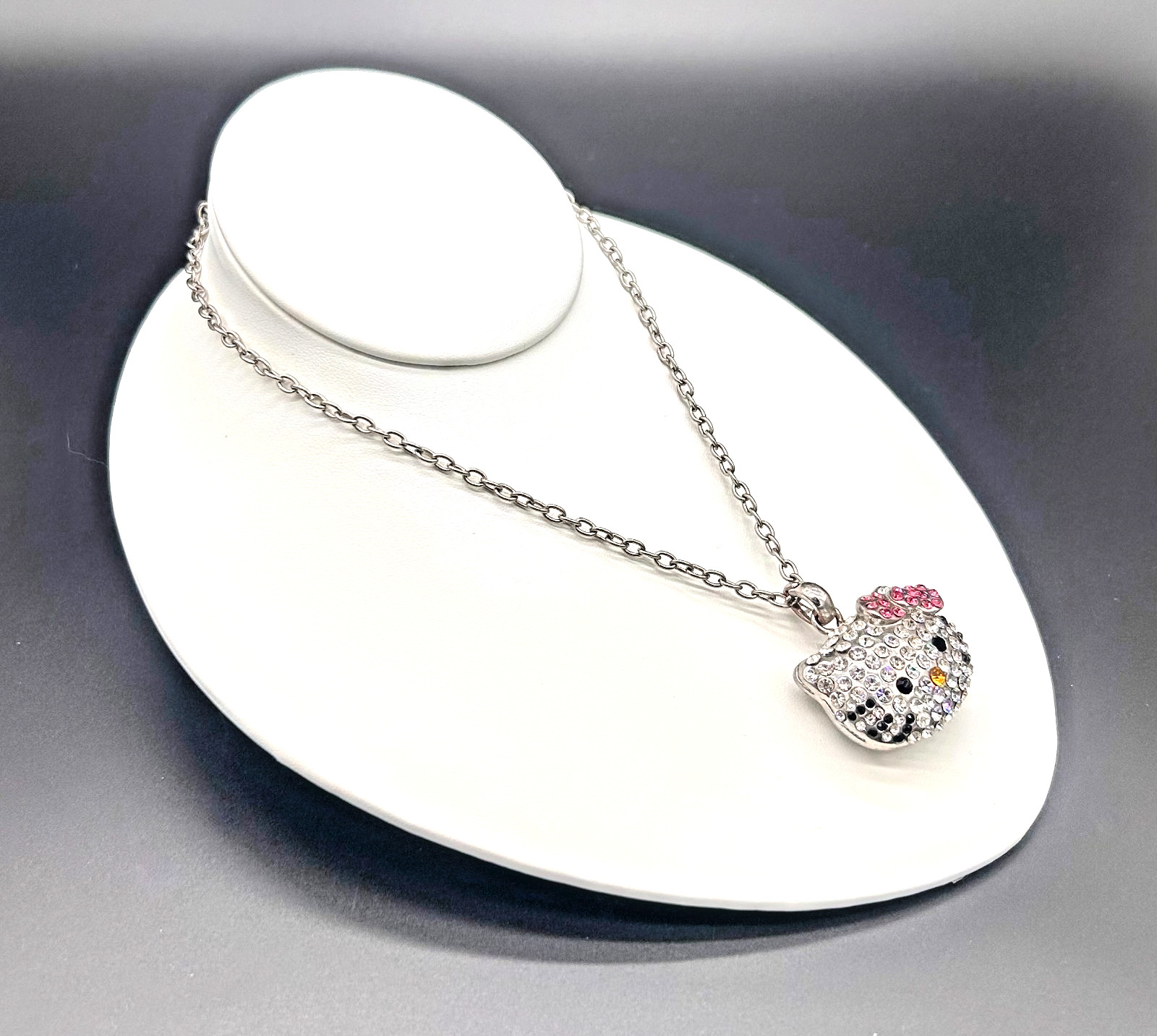 Kitty Cat Pendant Pink Clear Crystal Iced Out Bling Pave Necklace Silver Tone